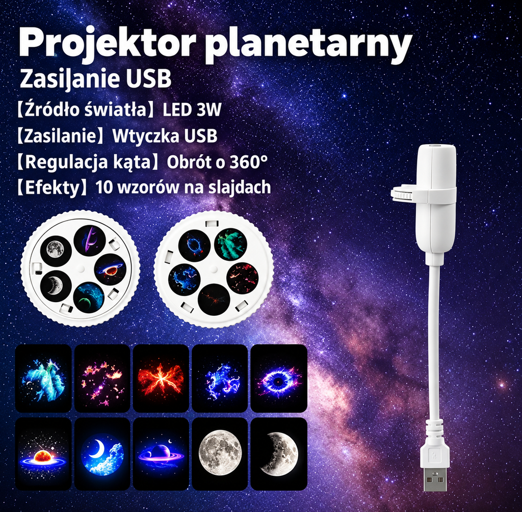 Projektor planetarny 10 wzorów USB