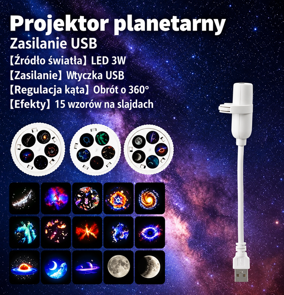 Mini Galaksik – Projektor Gwiazd Galaxy USB 360°