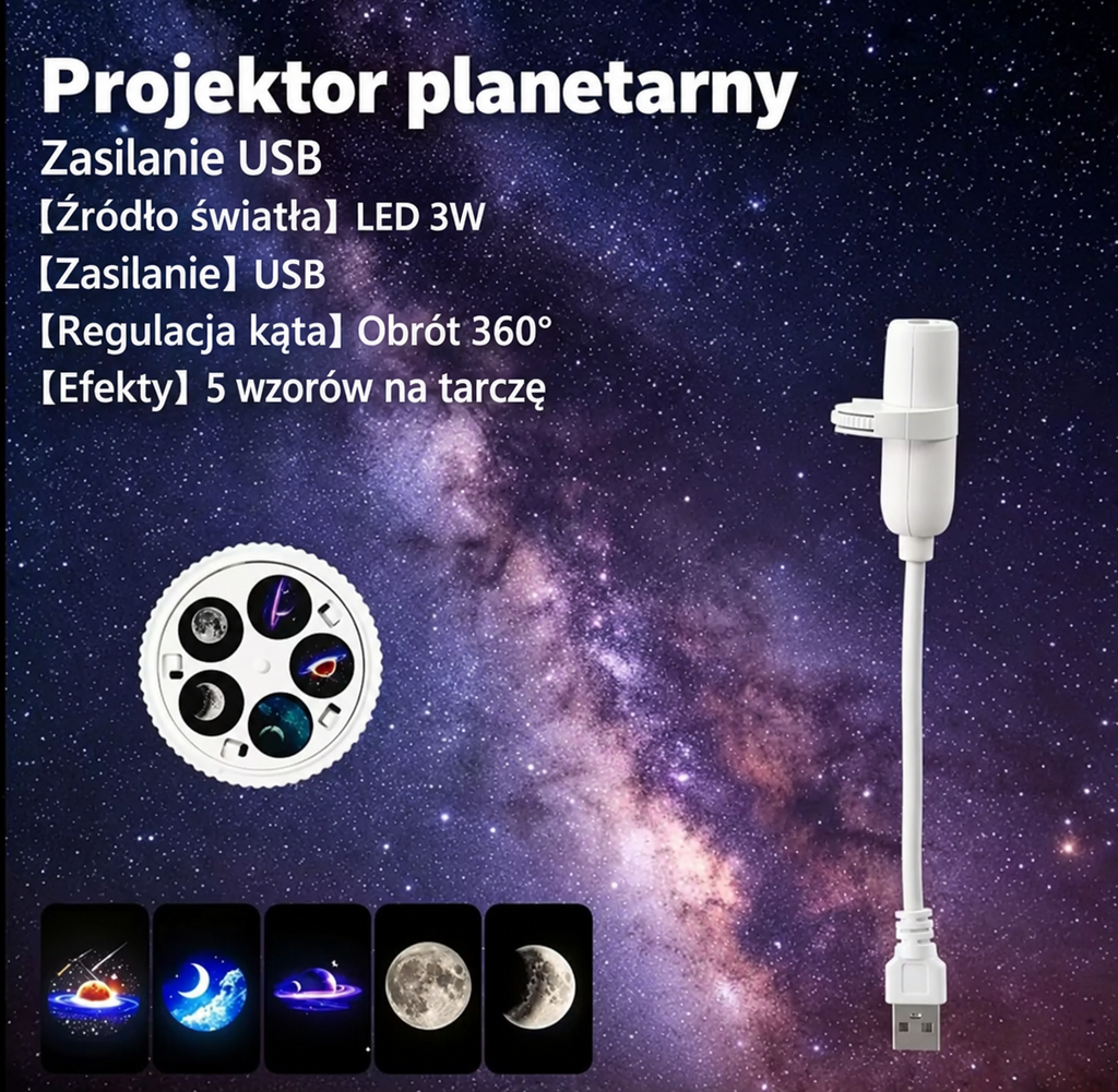 Projektor planetarny 5 wzorów USB