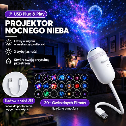 Projektor Nocnego Nieba 2.0 - 20+ wzorów galaktycznych USB