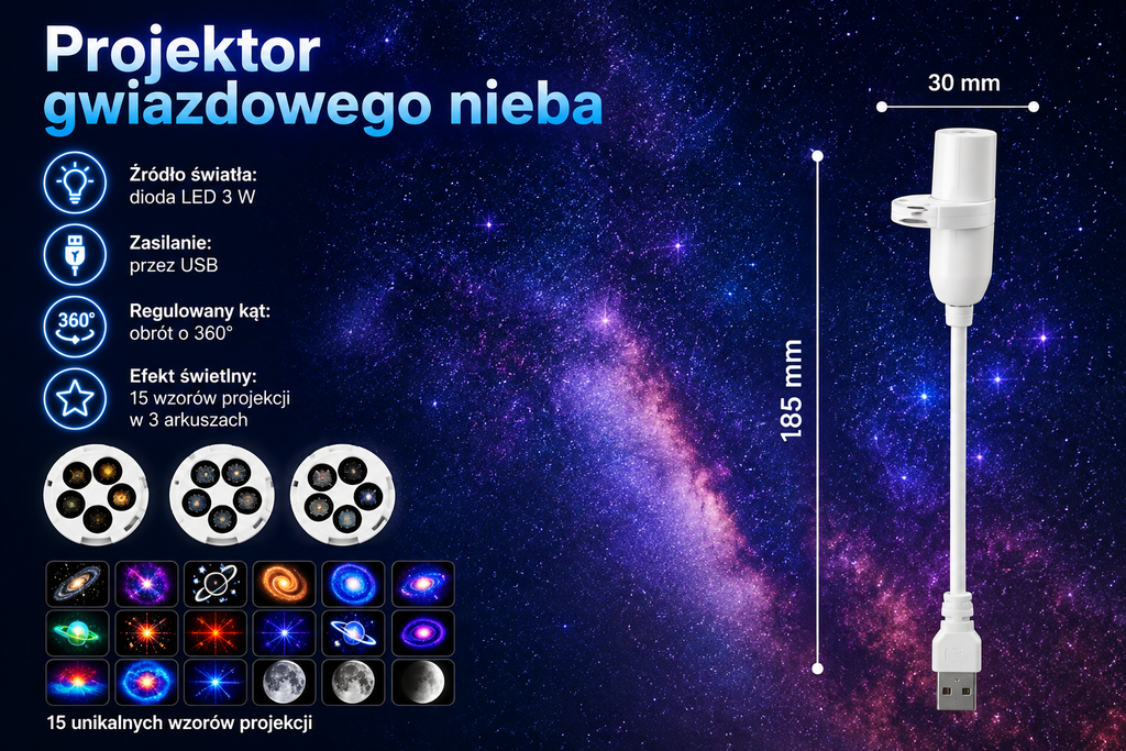 Mini Galaksik – Projektor Gwiazd Galaxy USB 360°