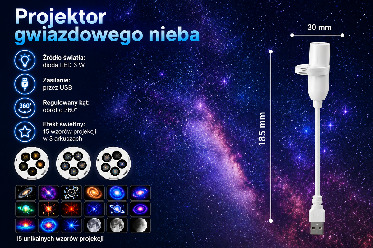 Mini Galaksik – Projektor Gwiazd Galaxy USB 360°